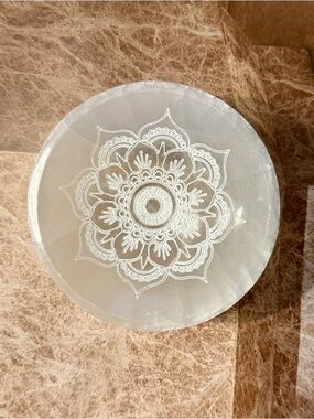 Selenite Charging Bowl with Etched Mandala - 4” Thick Cut